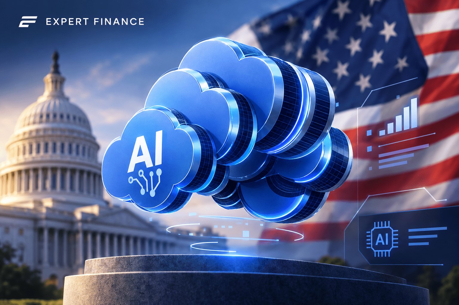 Силы ИИ США на фоне символов искусственного интеллекта и американской государственной архитектуры