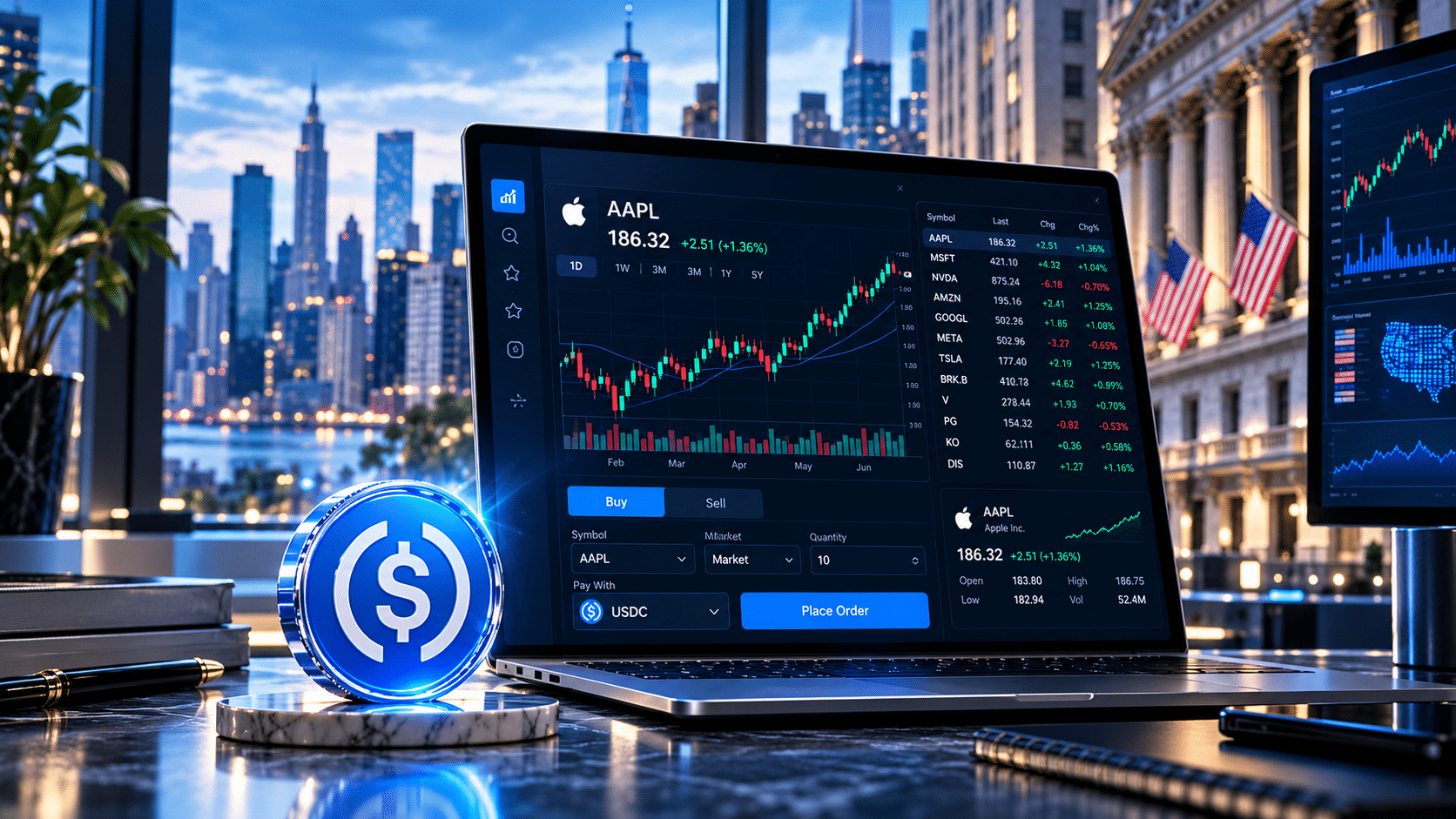 Акции США на Bybit — покупка американских ценных бумаг и ETF за USDC через брокера Alpaca